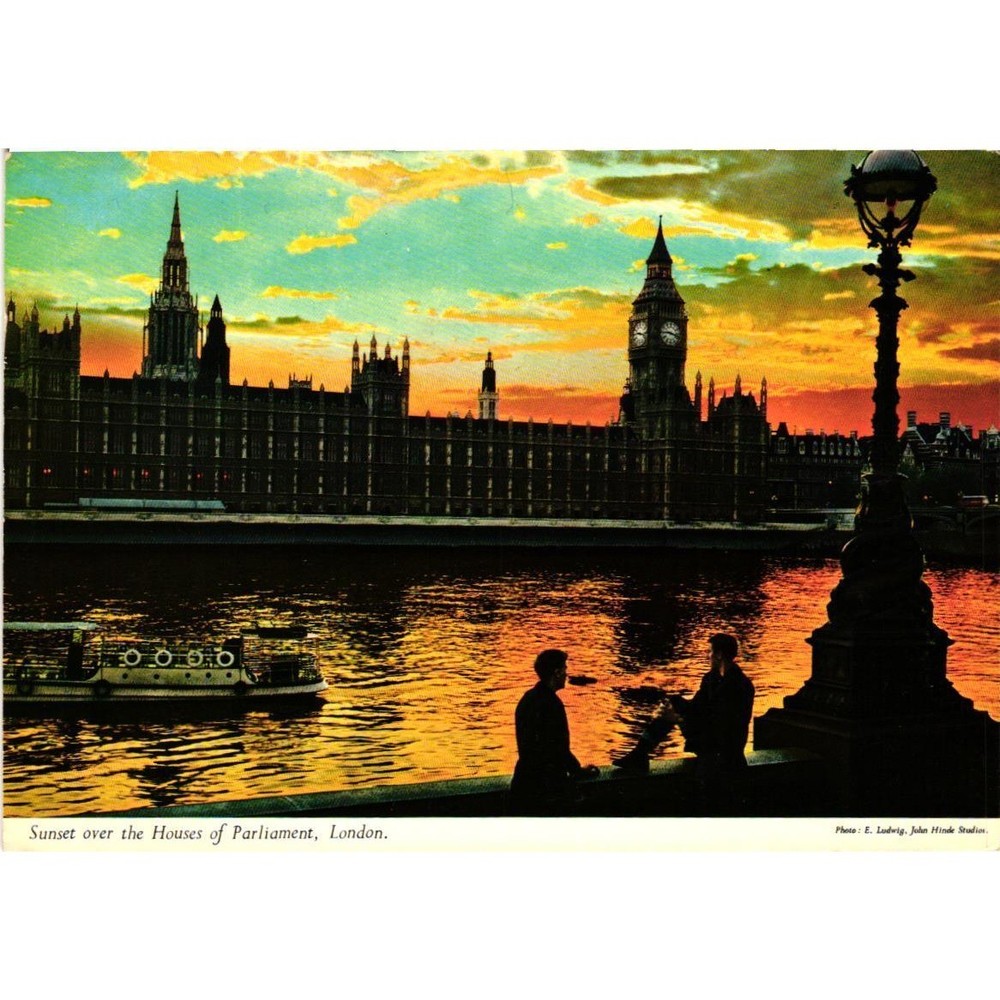 Vintage John Hinde Postcard Sunset Houses of Parliament London Big Ben 1972 2L52