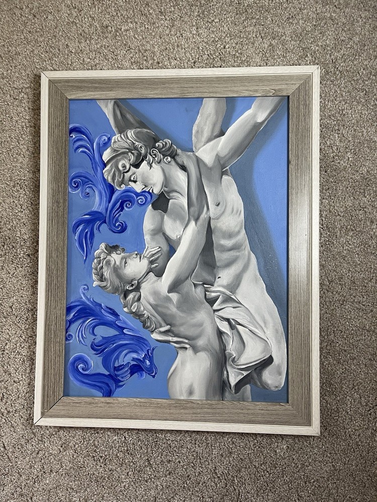 Blue Classical Nude Figure Painting Framed Mythological Romantic Wall Art Decor