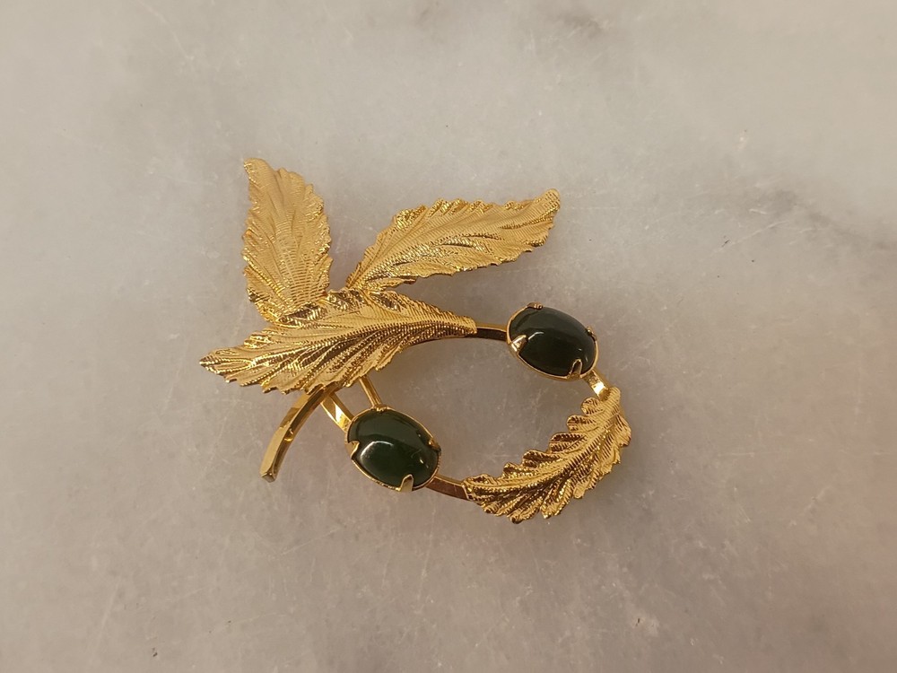 Vintage 12K Gold Filled Leaf Brooch With 2 Green Stones
