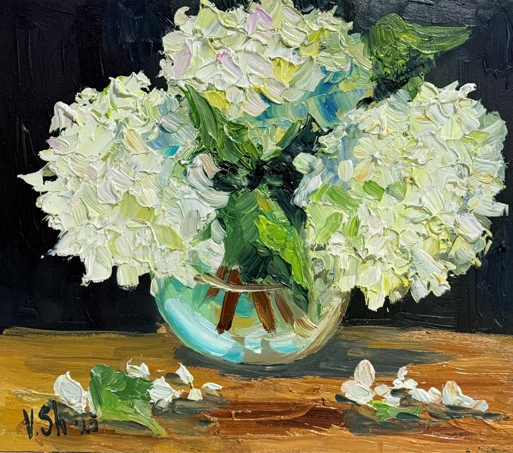 Hydrangea Floral Original Oil Painting Art Impasto Flower Still Life 7.5x8 in
