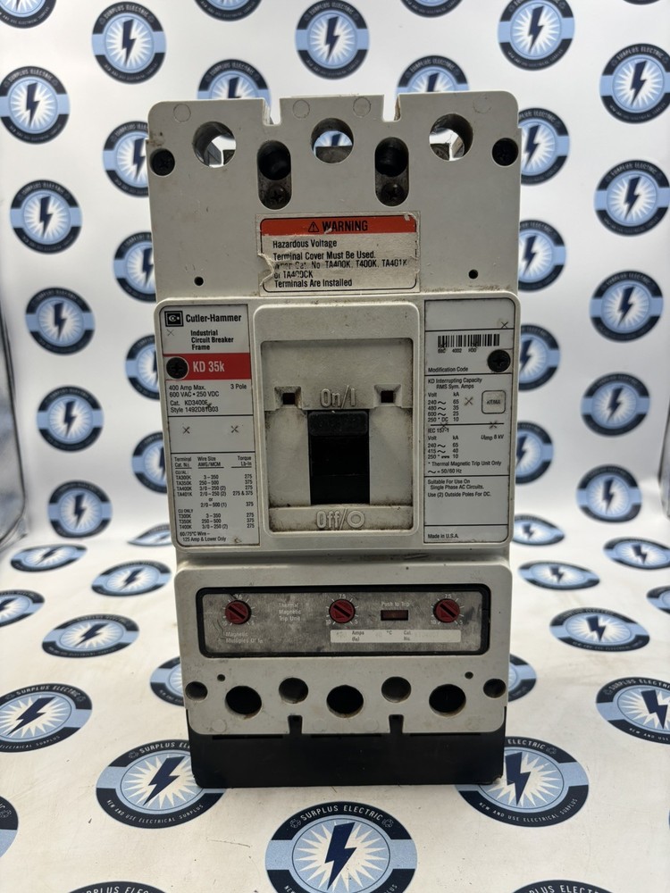 Eaton KD3400F 400A Circuit Breaker w/KT3400T Thermal Magnetic Trip Unit