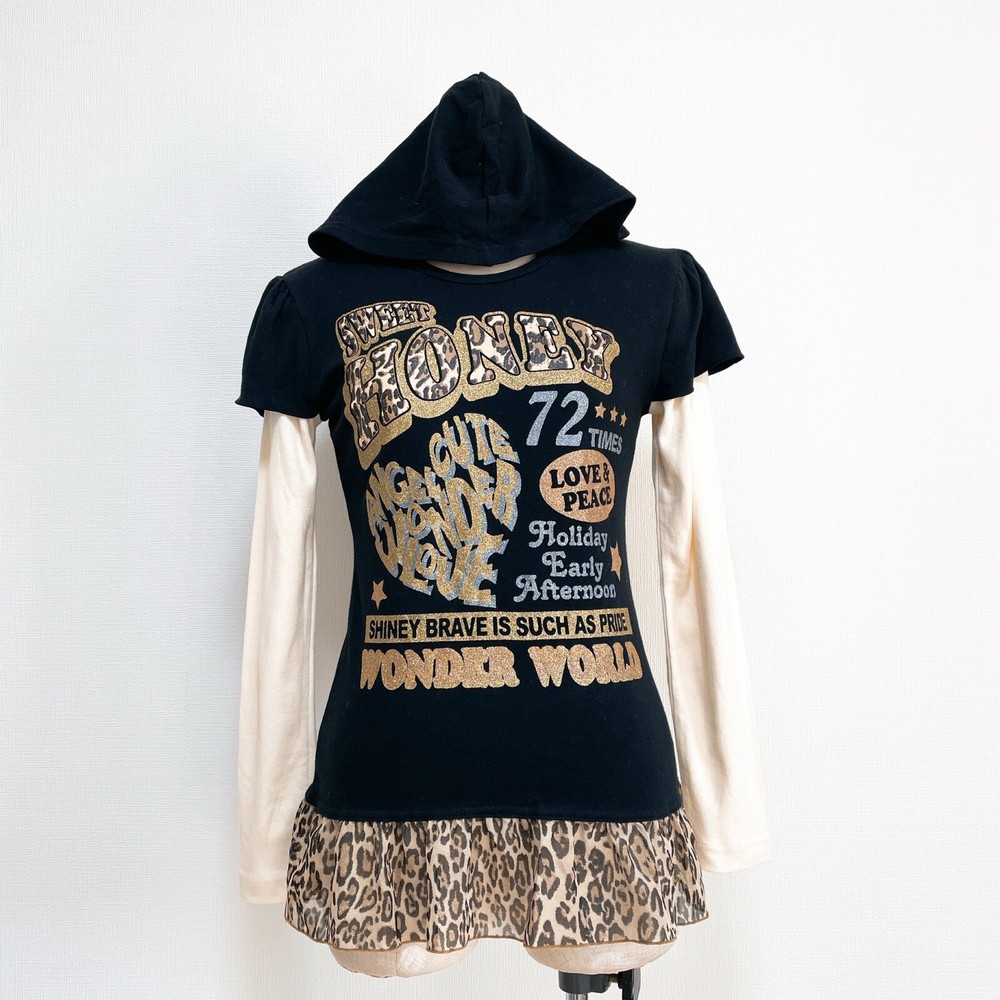 For-up Glitter Print Layered Hoodie T-shirt Black Teens Gal GYARU Grunge Y2K 00s