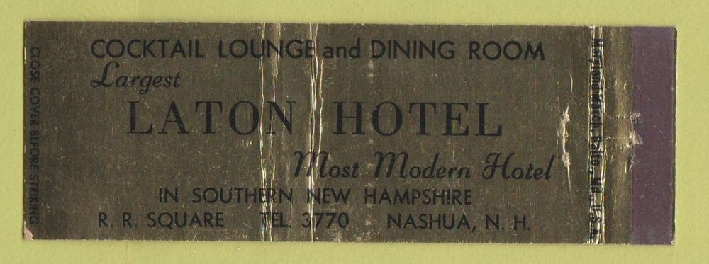 Matchbook Cover - Laton Hotel Nashua NH