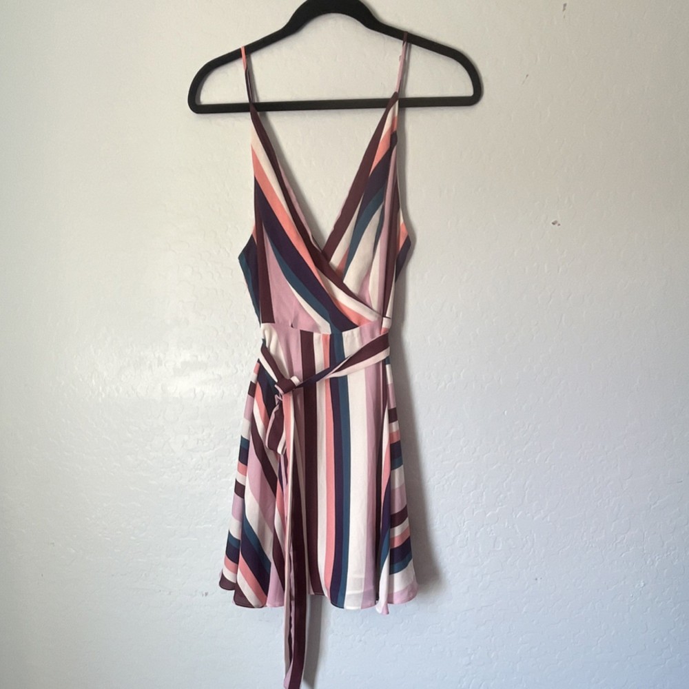 Lulus Multicolor Striped Sleeveless V-Neck Romper with Belt Size L