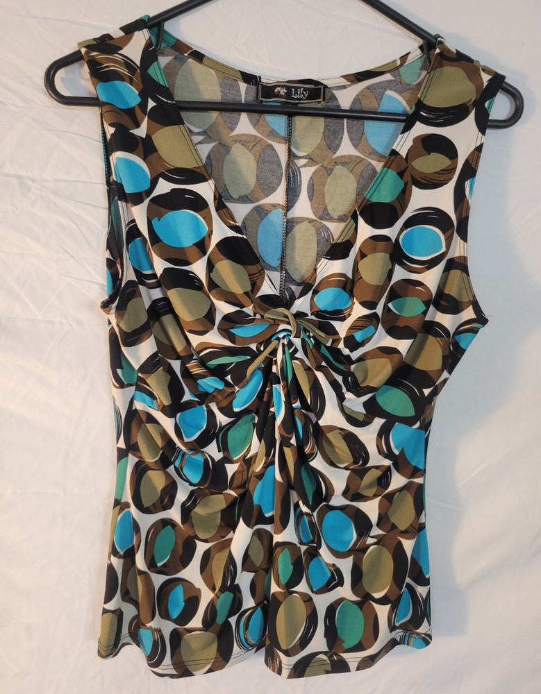 Lily Multicolor Geometric Ruched Sleeveless V-Neck Pullover Blouse L Women’s L