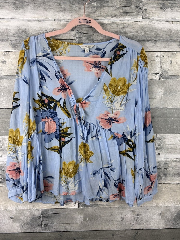 Lucky Brand Large Blue Floral Long Sleeve V Neck Blouse