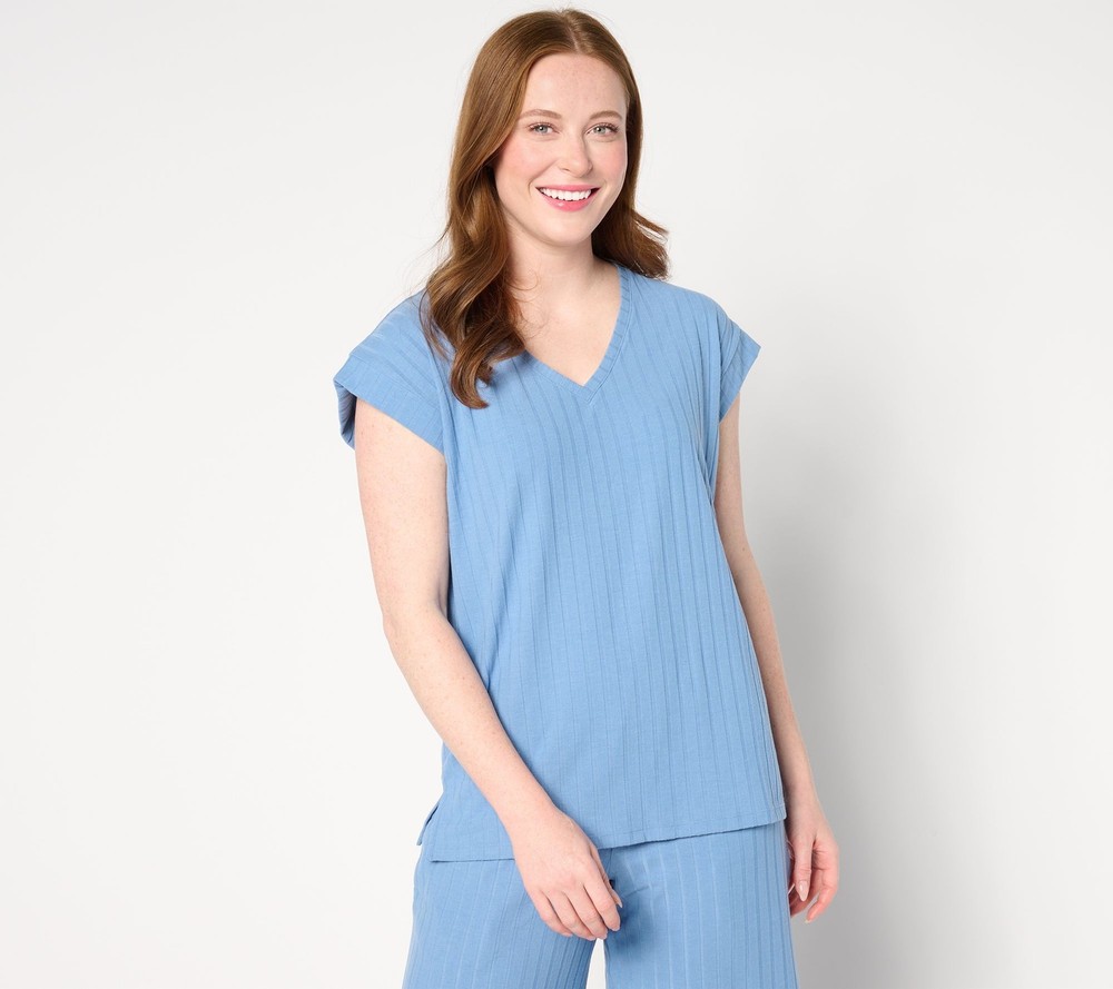 Cuddl Duds Women's Top Sz XL Wide Rib V-Neck Tee Blue A637428