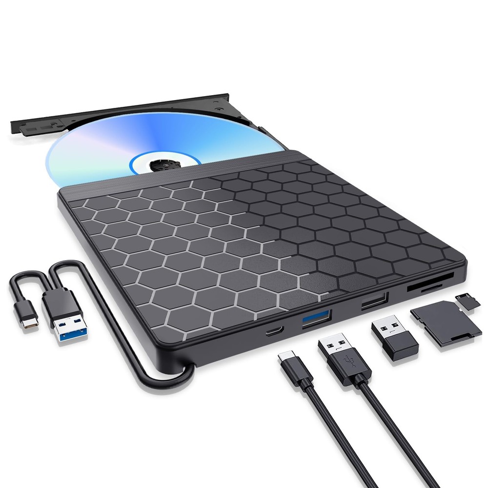 Portable USB 3.0 External CD DVD Burner Drive with Dual USB Ports and TF Slots for Laptop