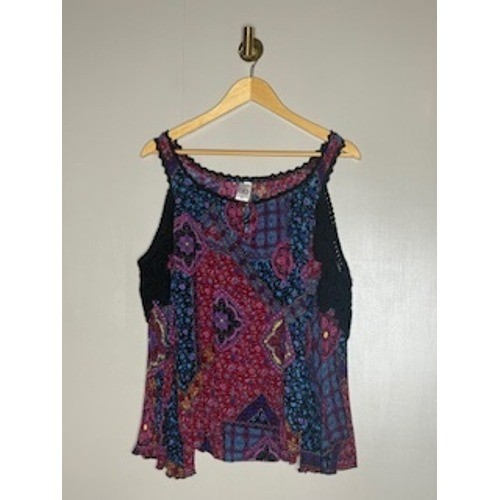 Bila Mixed Paisley Patchwork Cold Shoulder Crochet Trim Blouse Red Blue Medium