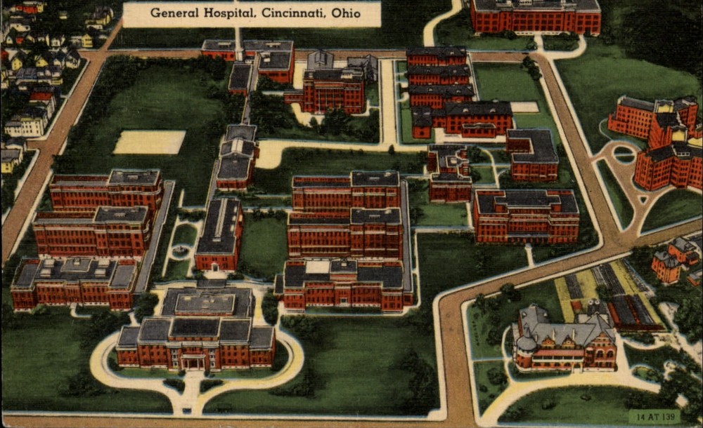 Cincinnati Ohio General Hospital aerial mailed 1947 vintage linen postcard
