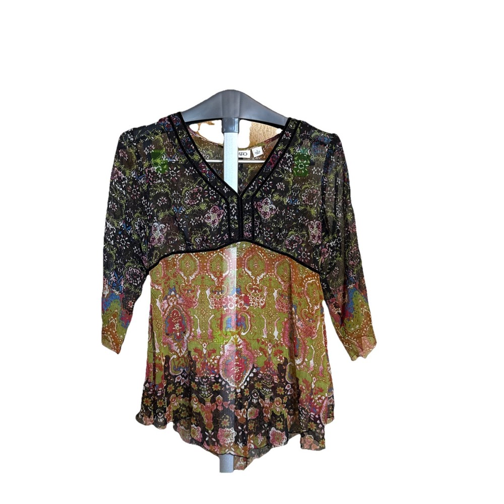 Boho Patchwork Tunic Women’s  Small Semi Sheer V Neck Floral 3/4 Sleeves