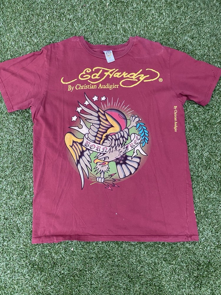 Ed Hardy Christian Audigier T-Shirt Maroon Eagle Graphic Y2K Tattoo Size L