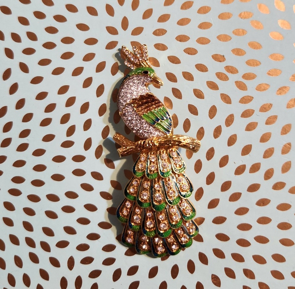 Nolan Miller Peacock Bird  Pave-Set Rhinestones Green & Blue Enamel Brooch