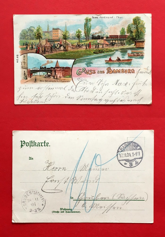 Litho Postcard Hamburg 1904 New Railway Bridge with Railway Steam Locomotive (54196