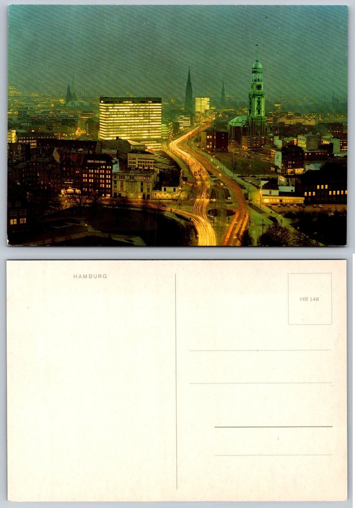 Vintage Hamburg Germany Night View Postcard - St. Michael's Church & Cityscape