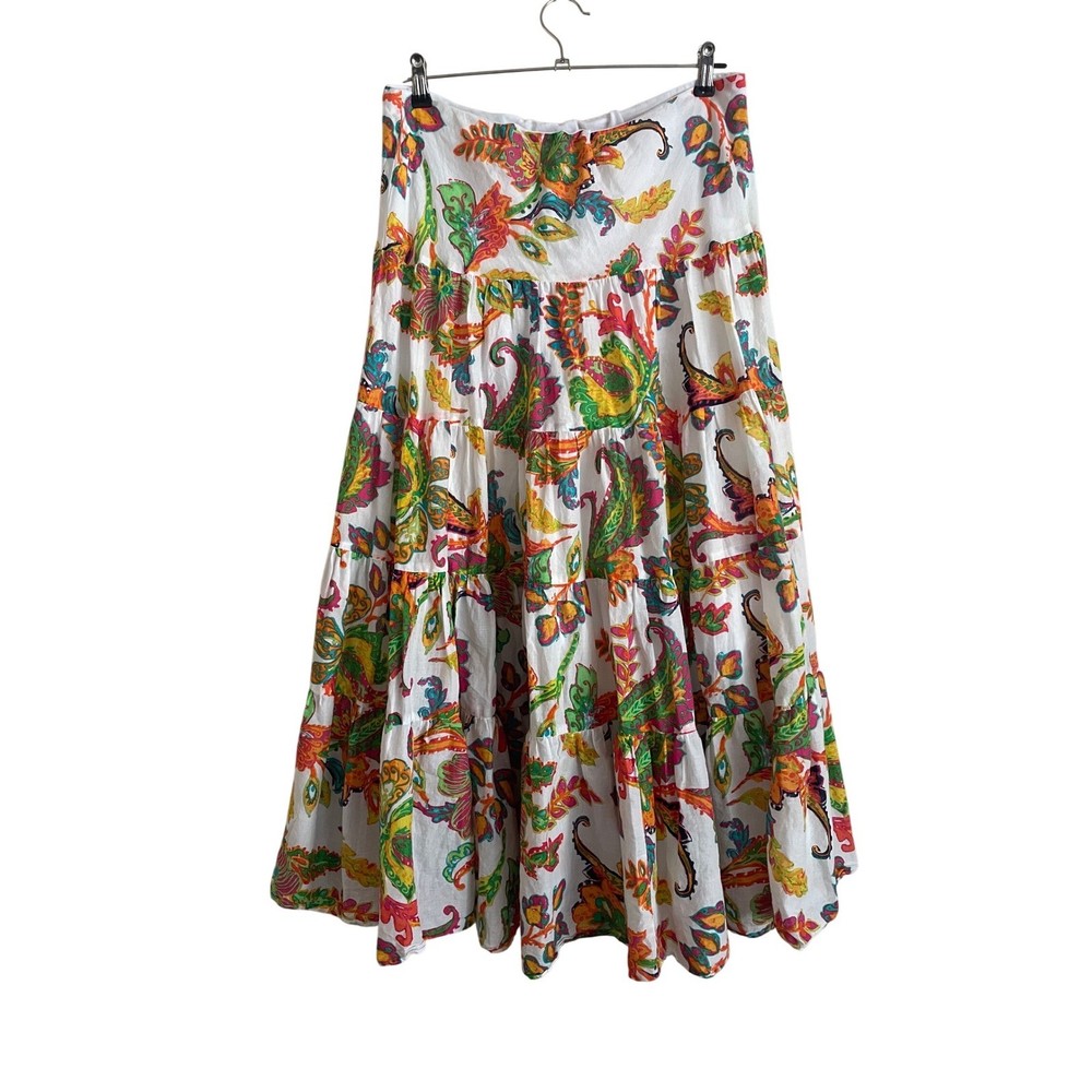 Lauren Ralph Lauren Paisley Tiered Cotton Maxi Skirt Medium Boho Hippie Rainbow