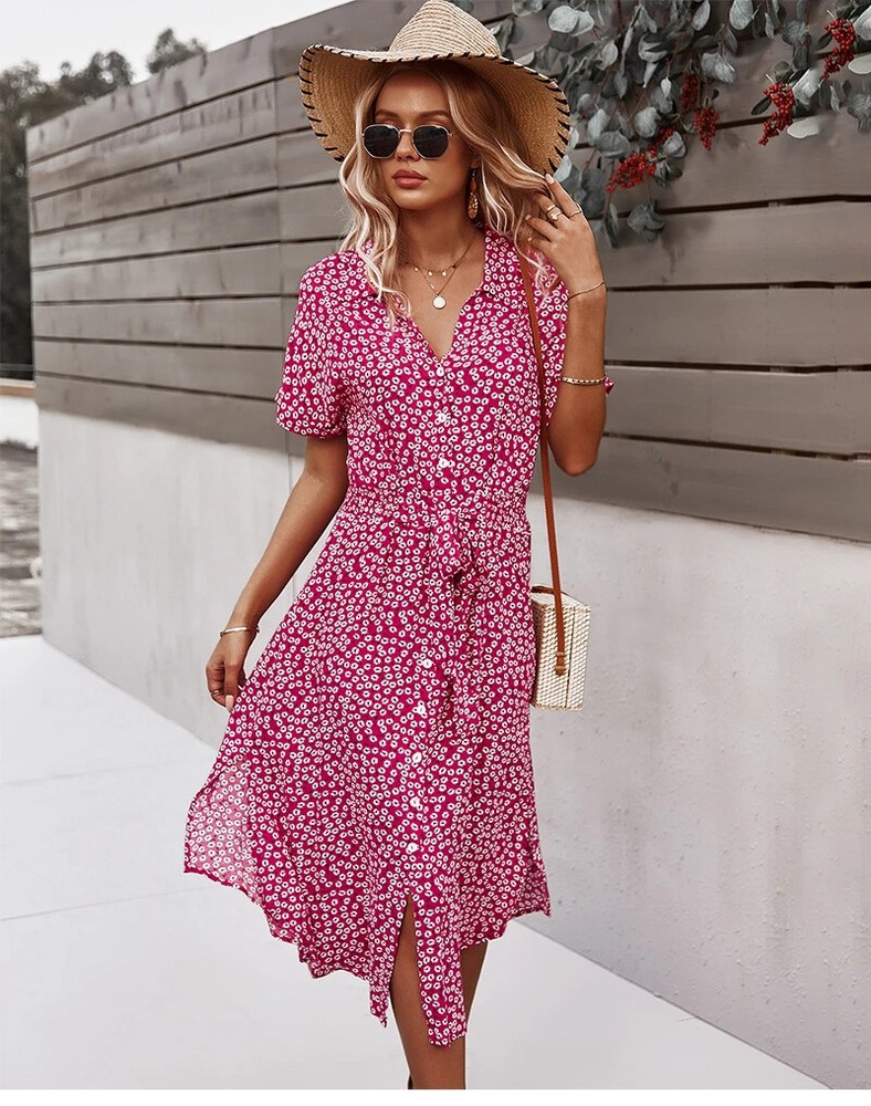 Summer Women Floral Print Dress Casual Short Sleeve Button V-Neck  Dress Elegant