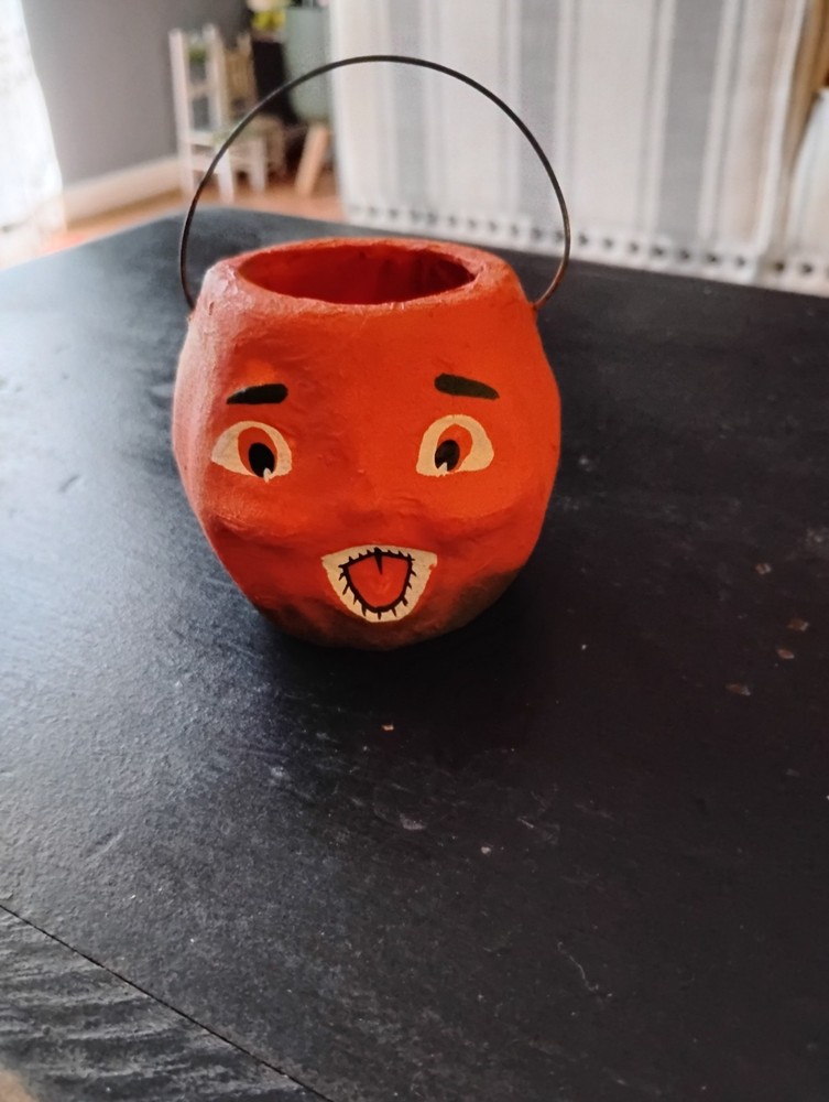 Vintage Paper Mache Halloween Jack O Lantern Pumpkin Bucket