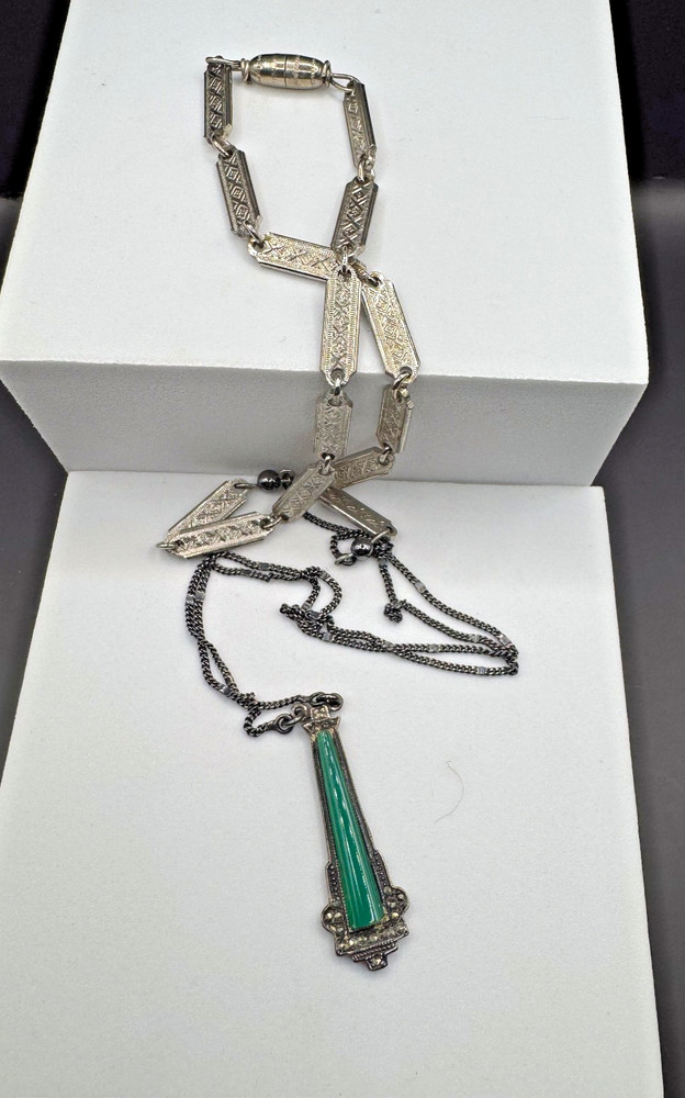 Antique Art Deco Sterling Silver 925 Marcasite Green Chrysoprase Panel Necklace