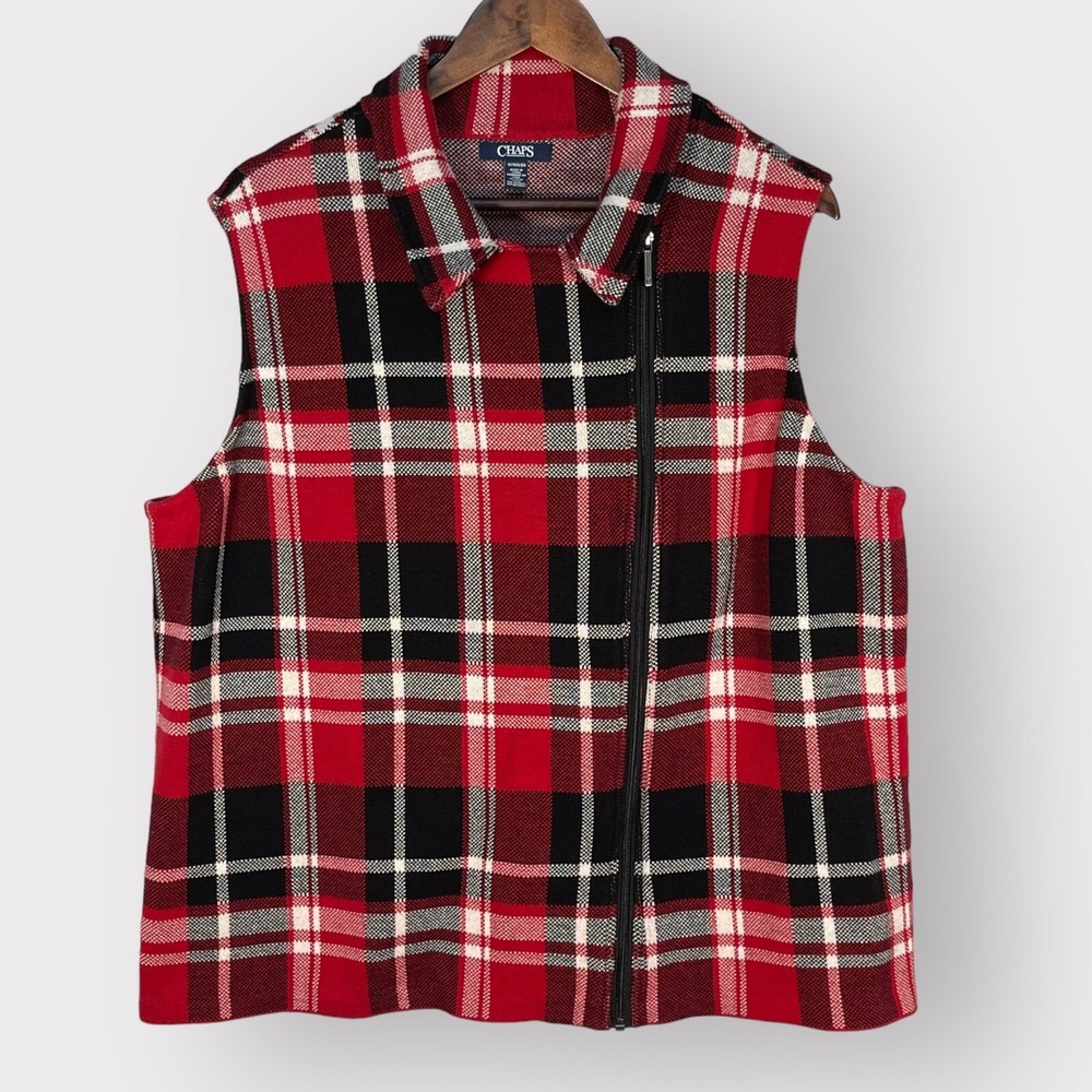 Chaps Full Zip Vest Women 1X Red Plaid Sleeveless Collared 100% Cotton AA66