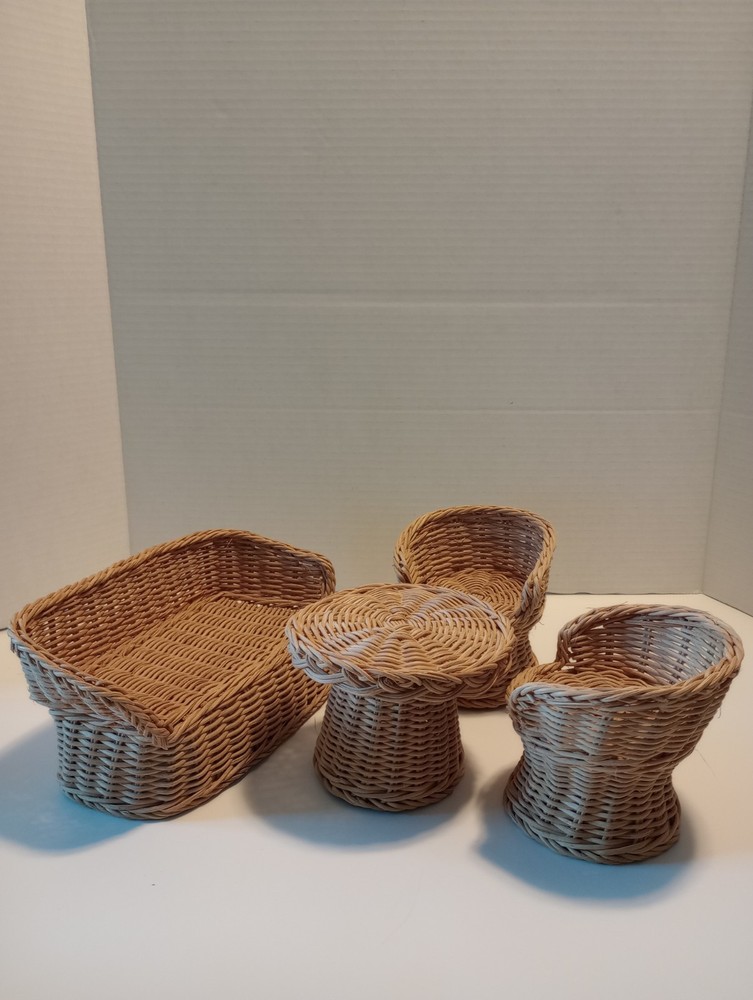Vintage 1980s Wicker Patio Furniture Made For Barbie Four-piece Sofa Table...