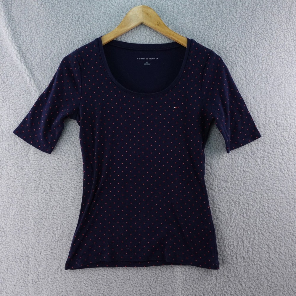Tommy Hilfiger Womens S T-Shirt Top Navy Blue Red Polka Dot Short Sleeve Preppy