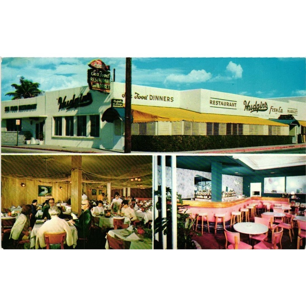 Vintage Hudgins Sea Food Restaurant Miami Beach Florida Postcard Multi-View MCM