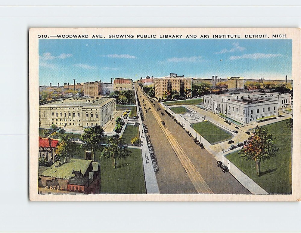 Postcard Woodward Avenue Showing Public Library & Art Inst. Detroit Michigan USA