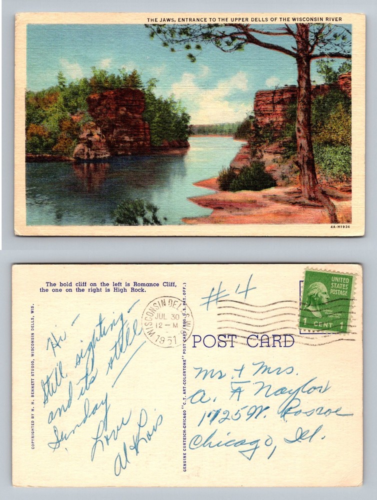Wisconsin Dells, WI-Wisconsin, The Jaws Upper Dells River Vintage c1951 Postcard
