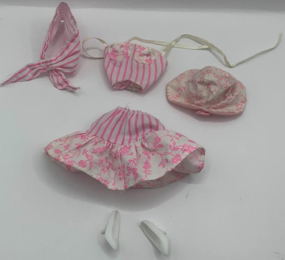 Vintage Barbie Summer Outfit Fashions Pink Striped Clothes Top Skirt Shoes Hat