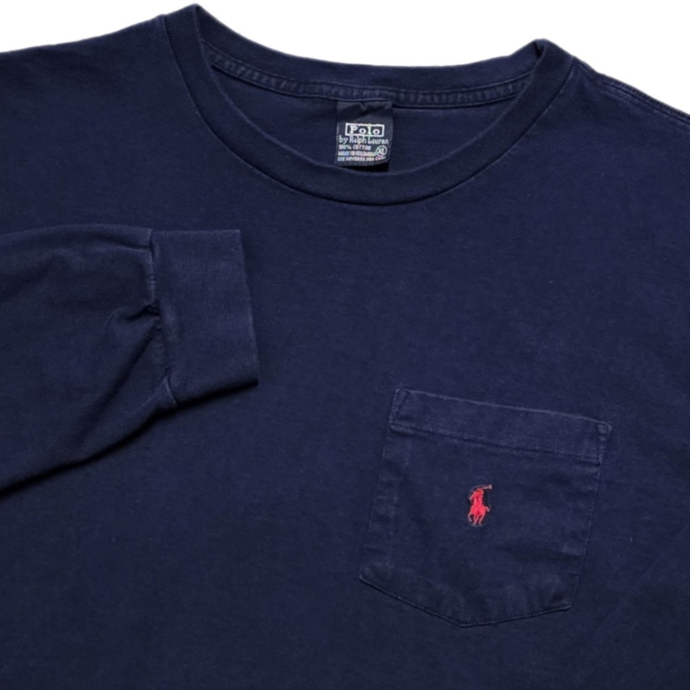 Vintage 90s Polo Ralph Lauren Pocket Long Sleeve T-Shirt Navy Mens XL Red Pony
