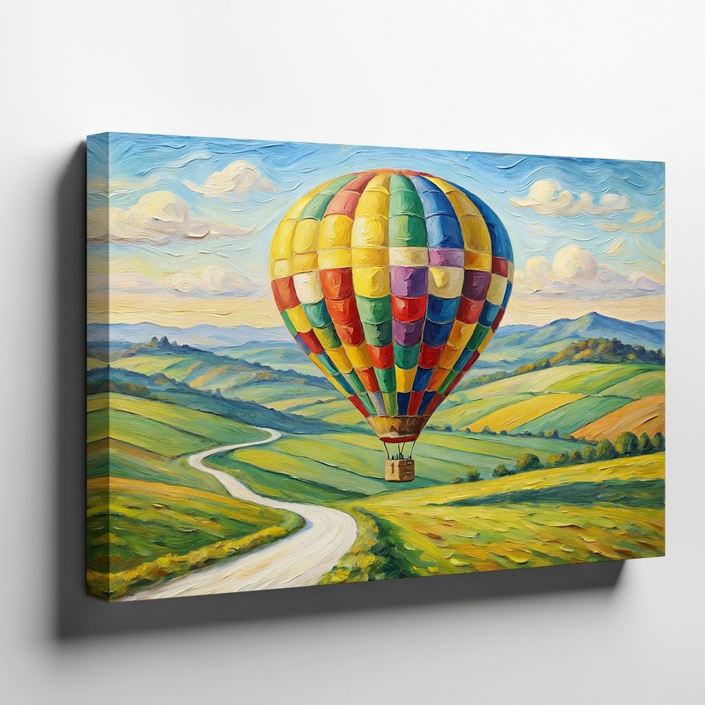 Colorful Hot Air Balloon Over Scenic Countryside Landscape Canvas Wall Art Decor