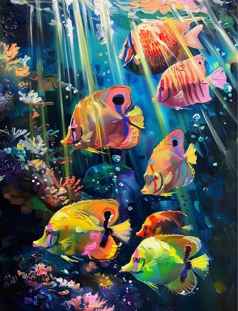 Fish In the Sea Painting, Tropical Unframed Canvas Print Australian Wall Art