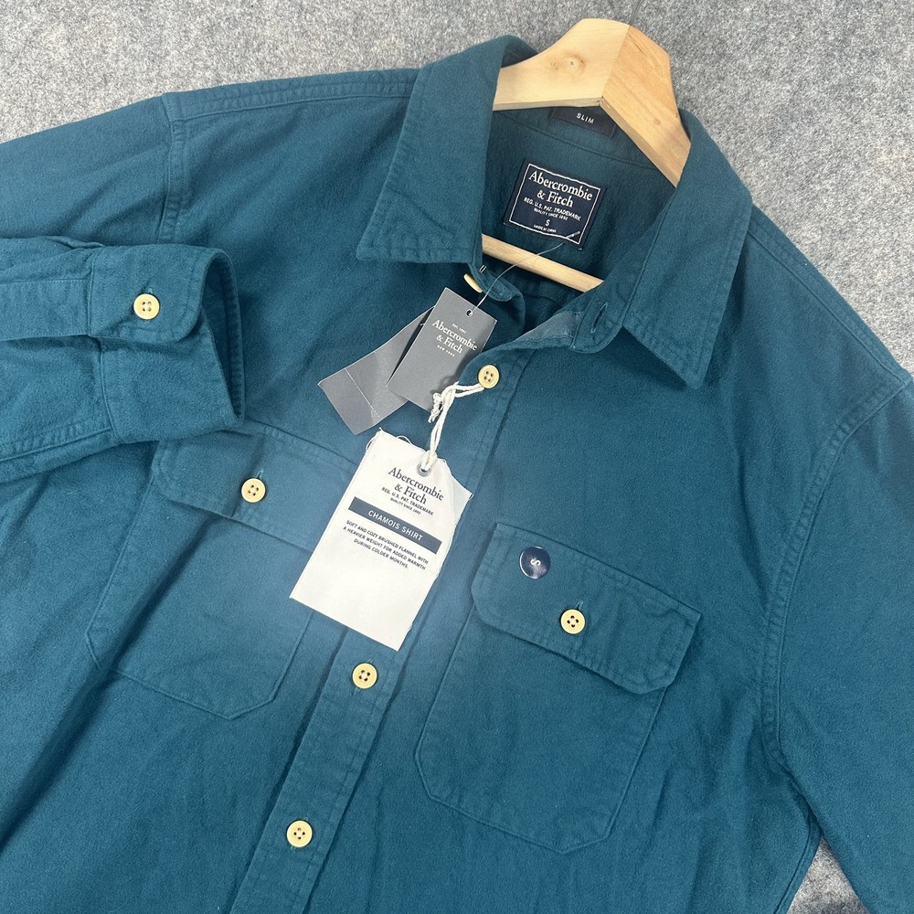 Abercrombie & Fitch Chamois Shirt Mens Small Teal Blue Flannel Slim Heavyweight