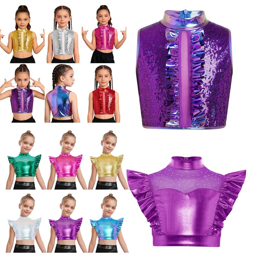 Kids Girls Crop Tank Top Jazz Hip Hop Dance Costume Shiny Metallic Dance Vest