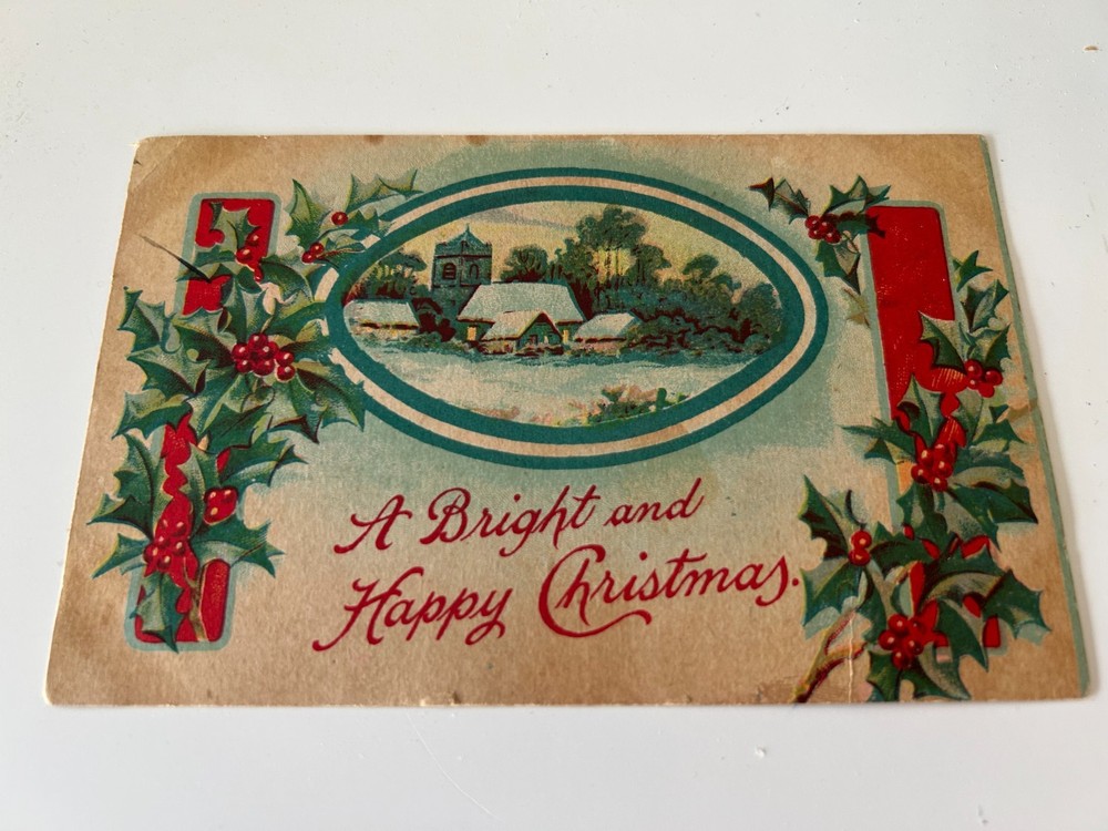 A Bright and Happy Christmas Holly Berries Snowy Scene Vintage Postcard