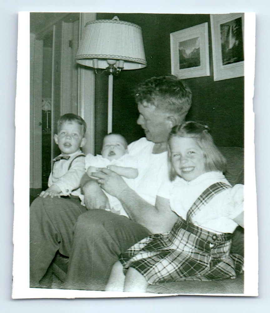 Old Vintage Photo MAN BOY GIRL AND BABY SITTING ON COUCH SOFA LIVING ROOM