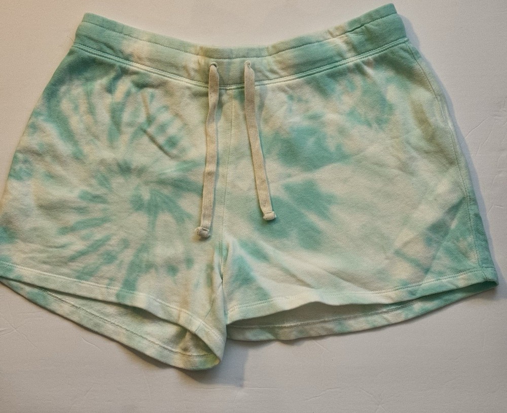 Gap Women's SM Sweat Shorts Tie Dye Teal White Tan Logo Drawstring Comfy Lounge