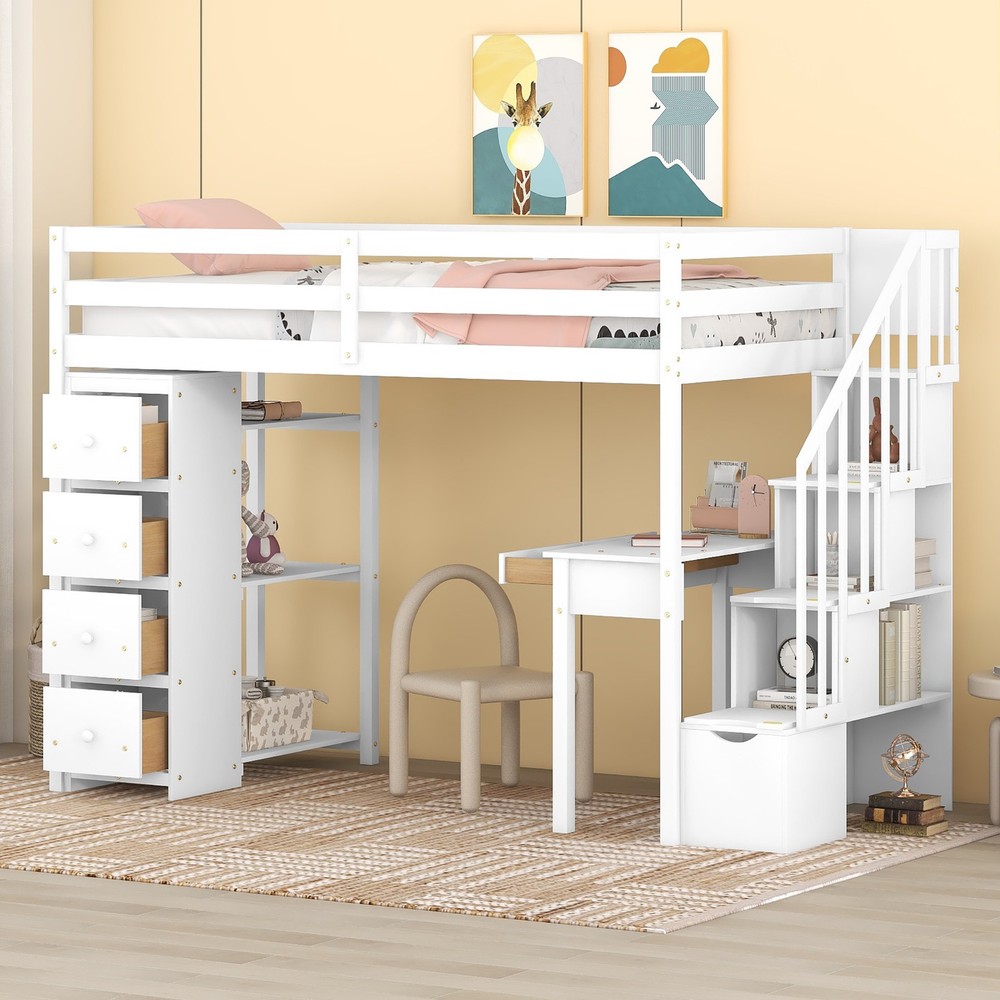 Twin Wooden Loft Bed with Storage Drawers, Desk & Staircase Design