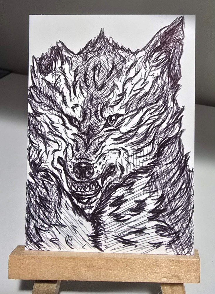 ACEO original art card, Wolf, insomniantics, signed, 2.5in x 3.5in