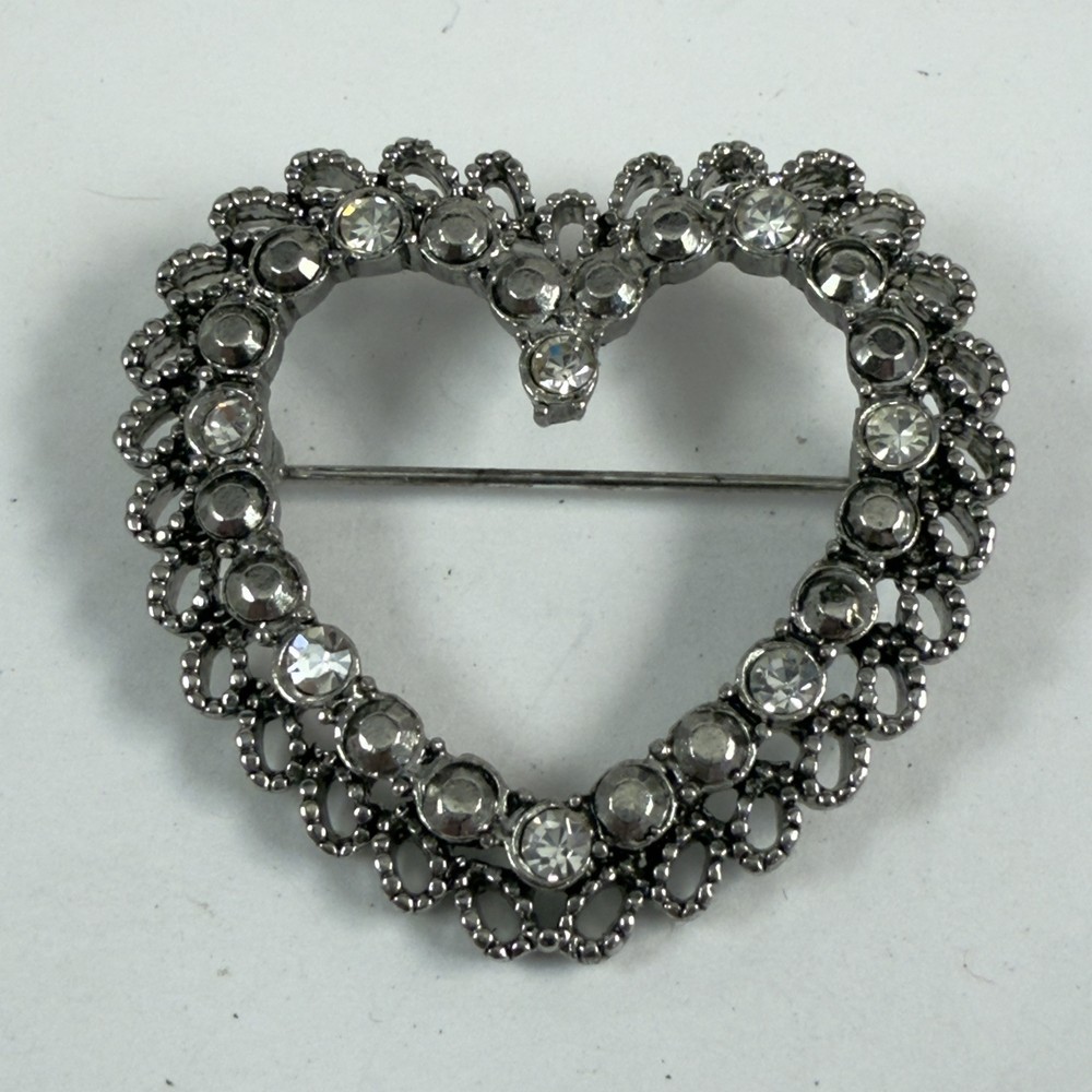 Vintage Rhinestone & Faux Marcasite Silver Tone Heart Brooch Pin