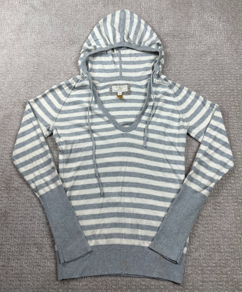 Vintage American Eagle Hoodie Womens L Gray White Stripe V Neck Babydoll Y2K
