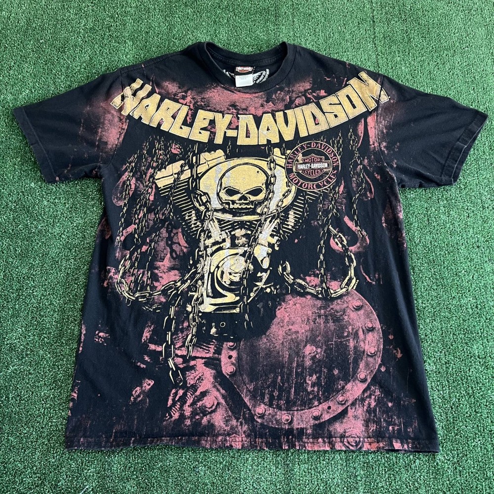 Harley-Davidson T-Shirt Mens XL AOP Black Graphic Motorcycle Skull Chains Modern