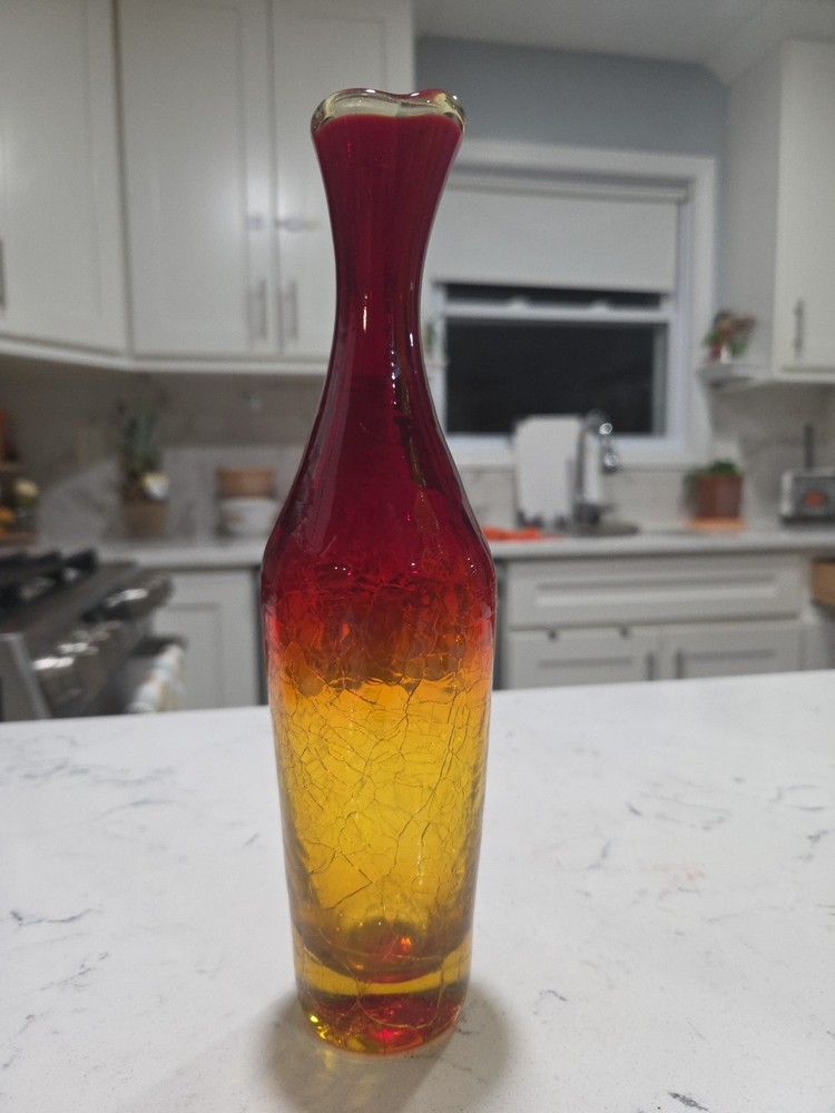Vintage Blenko  Handblown Amberina Crackle Glass Vase Tangerine Art Glass 10