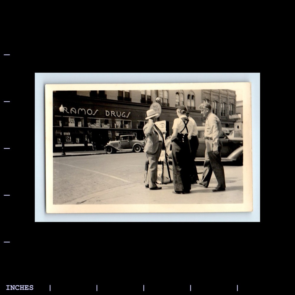 Old Vintage Photo STREET SCENE MEN CLASSIC CARS RAMOS DRUGS DRUGSTORE