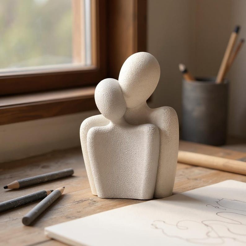 White Abstract Couple Embrace Figurine Sculpture, Free Standing Romantic Decor