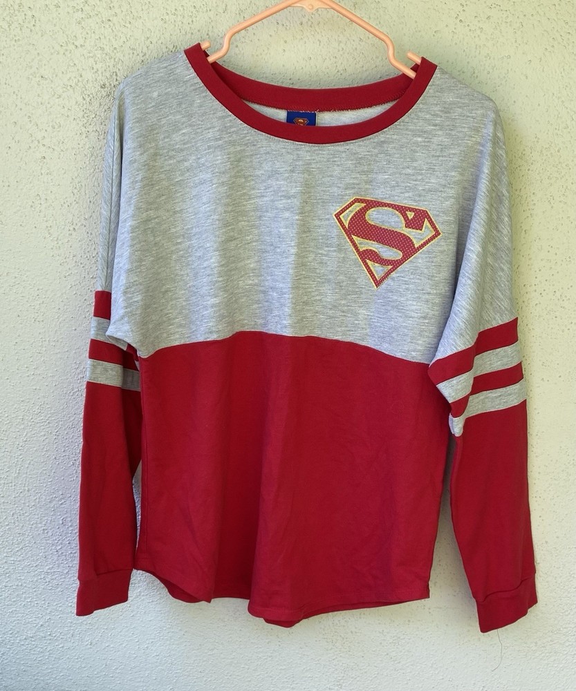 Superman Gray Red Colorblock Logo Striped Long Sleeve T-Shirt Juniors L
