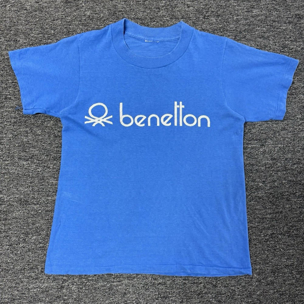 Vintage 80s RARE United Colors Of Benetton Blue Single Stitch T-Shirt - Size S