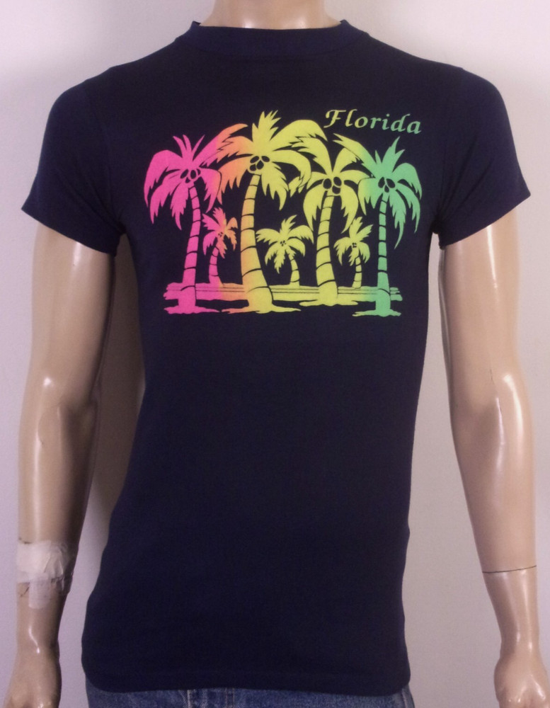 vintage 80s Bright Rainbow Color Palm Trees T-Shirt Florida single stitch SZ S