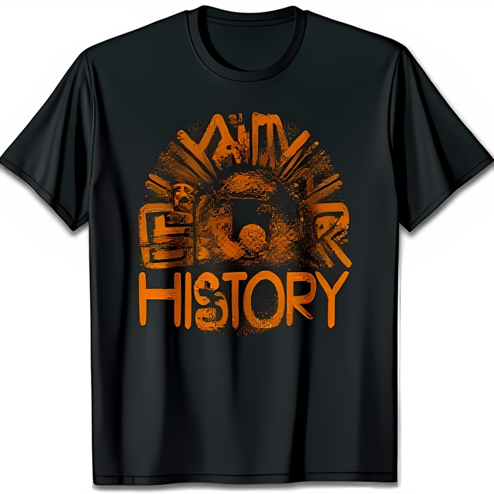 Black T-Shirt with Abstract Graphic Design 'I AM HISTORY' Face Art-image